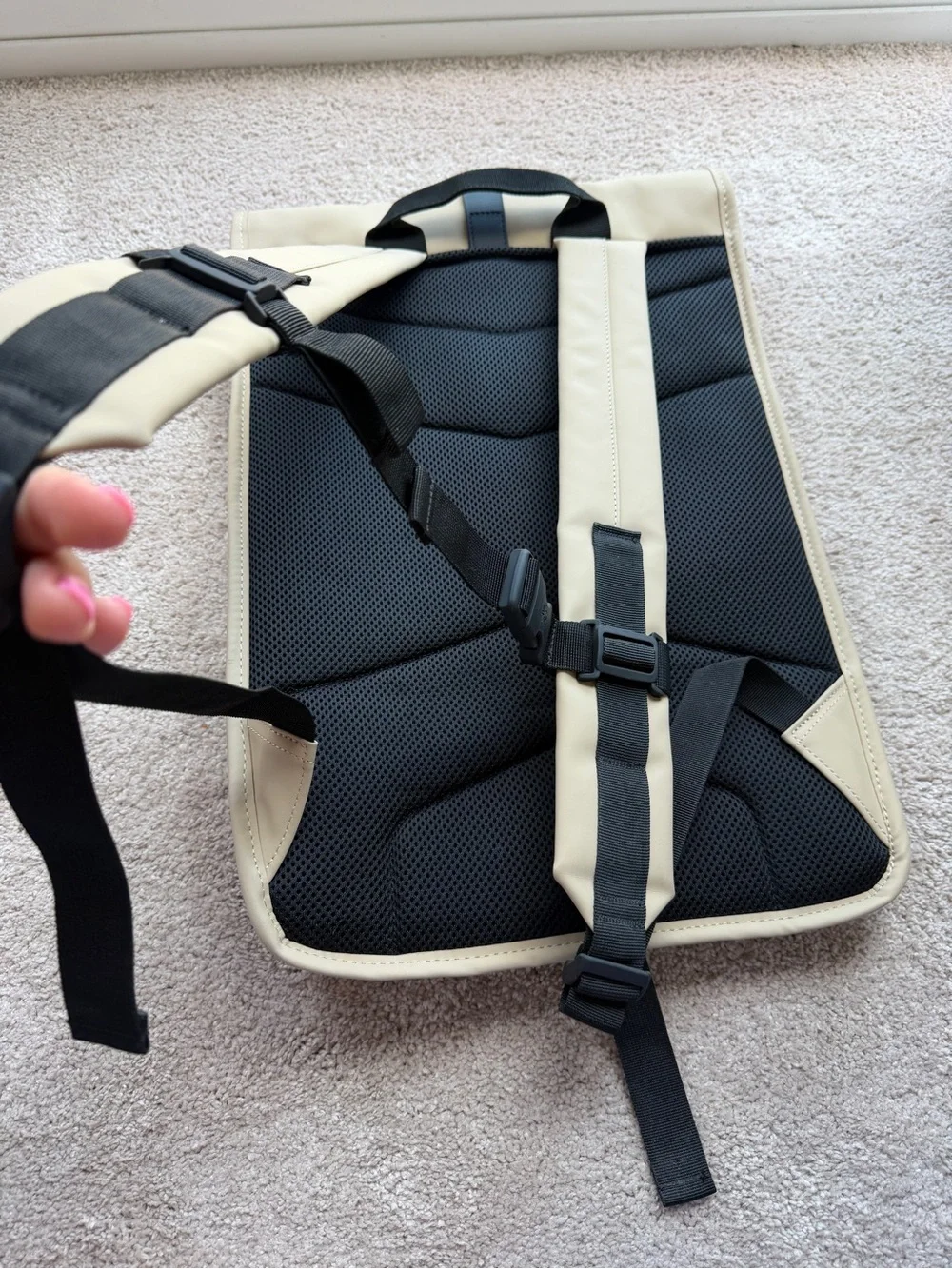 Rains Rolltop Rucksack Backpack in Beige with Black Trim
